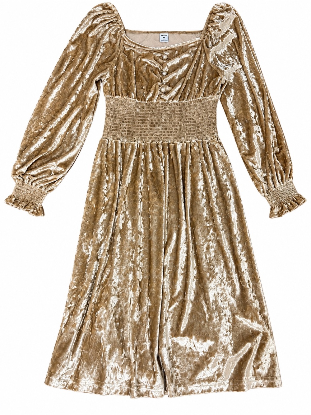 Gold Velvet Smocked Waist Kids Dress